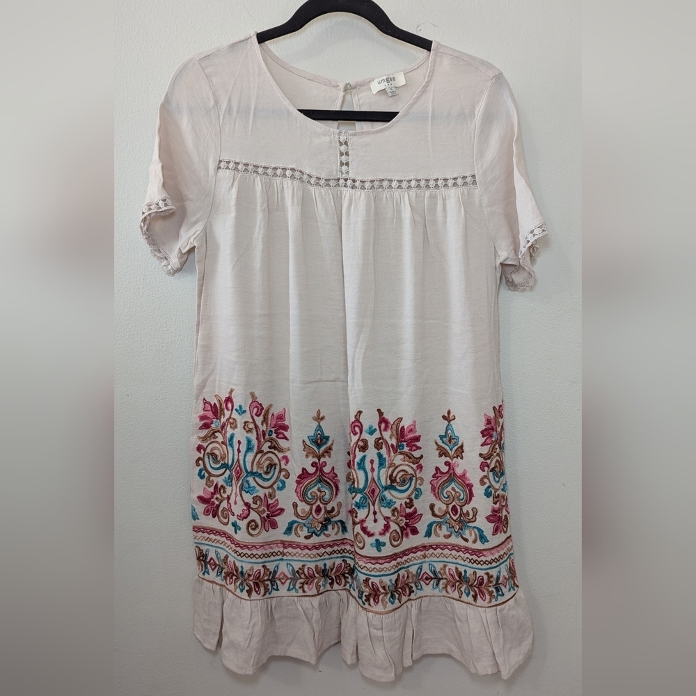 Umgee Embroidered Mini Dress Cream Colorful Ruffle Hem Boho Women's Size S